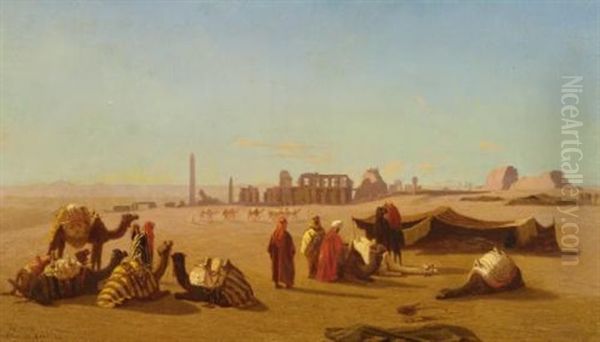 A Caravan At Rest, The Temple Of Karnak, Thebes In The Distance Oil Painting by Charles Theodore (Frere Bey) Frere