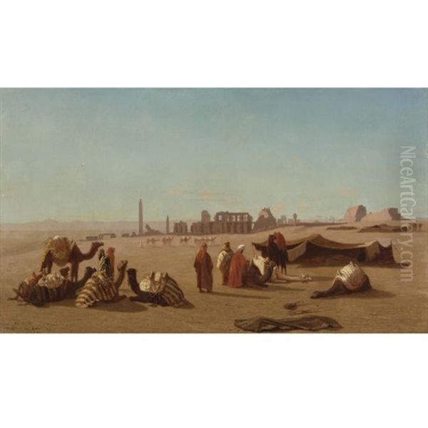 A Caravan At Rest, The Temple Of Karnak, Thebes In The Distance Oil Painting by Charles Theodore (Frere Bey) Frere