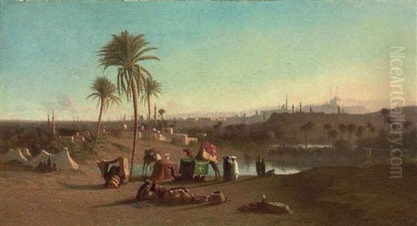 A Camel Train At An Oasis, Cairo Beyond Oil Painting by Charles Theodore (Frere Bey) Frere