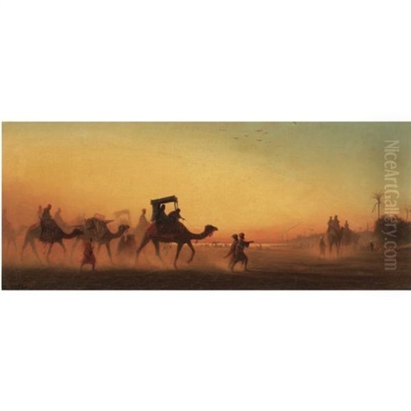 Caravane Au Coucher Du Soleil Oil Painting by Charles Theodore (Frere Bey) Frere