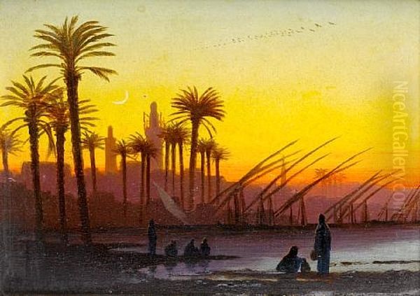 Sunset Over The Nile Oil Painting by Charles Theodore (Frere Bey) Frere