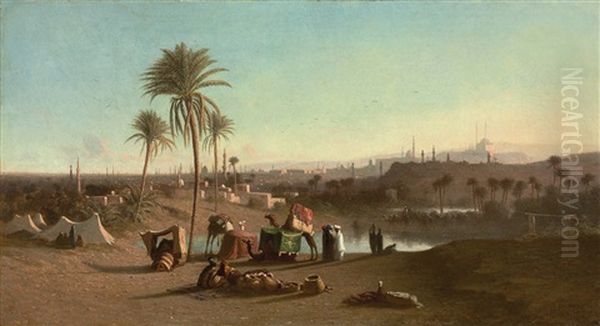 A View From The Desert Towards Cairo Oil Painting by Charles Theodore (Frere Bey) Frere