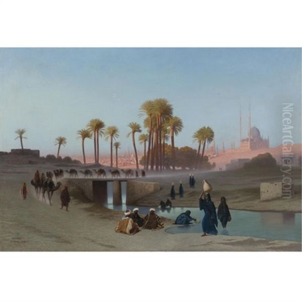 Departure From Cairo, Mohamed Ali Citadel In The Distance Oil Painting by Charles Theodore (Frere Bey) Frere