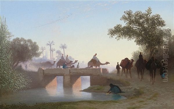 A Camel Train Crossing A River Oil Painting by Charles Theodore (Frere Bey) Frere