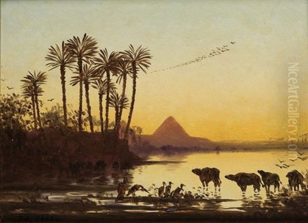 Coucher De Soleil Sur Le Nil, Pyramides De Cheops Oil Painting by Charles Theodore (Frere Bey) Frere