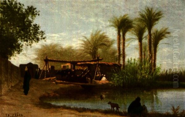 Noria Et Porteuses D'eau Vallee Du Nil Egypte Oil Painting by Charles Theodore (Frere Bey) Frere