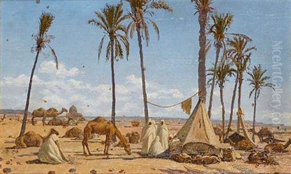 Arab Camp (+ Desert Landscape; Pair) Oil Painting by Charles Theodore (Frere Bey) Frere