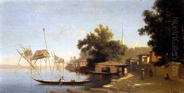 A Riverine View In Turkey  (beykoz?) Oil Painting by Charles Theodore (Frere Bey) Frere