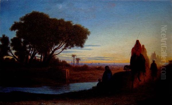 La Caravane Quittant Le Caire Au Coucher Du Soleil Oil Painting by Charles Theodore (Frere Bey) Frere