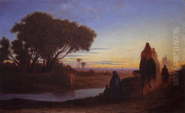 La Caravane Quittant Le Caire Au Coucher Du Soleil Oil Painting by Charles Theodore (Frere Bey) Frere