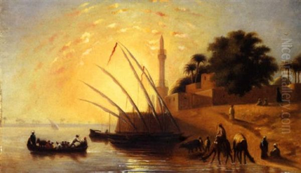 Coucher De Soleil A Beni Souef Oil Painting by Charles Theodore (Frere Bey) Frere