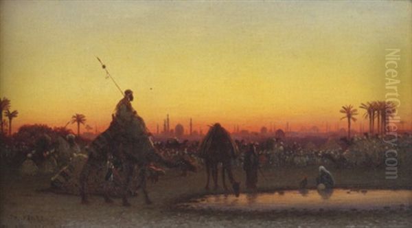 La Caravane Pres Du Caire, Soleil Couchant Oil Painting by Charles Theodore (Frere Bey) Frere