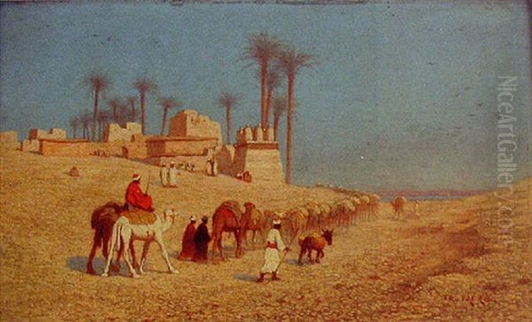 La Caravanne Arrivant A L'oasis Oil Painting by Charles Theodore (Frere Bey) Frere