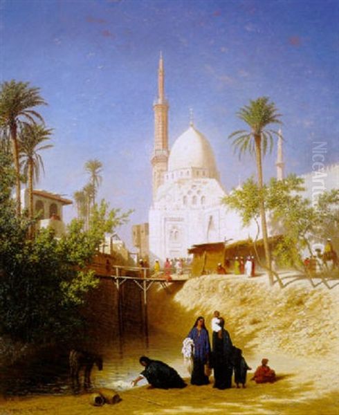 Lavandieres Et Mosquee Aux Environs Du Caire Oil Painting by Charles Theodore (Frere Bey) Frere