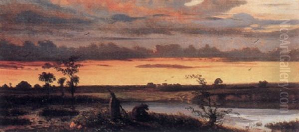 Figure In A River Landscape At Sunset Oil Painting by Charles Theodore (Frere Bey) Frere