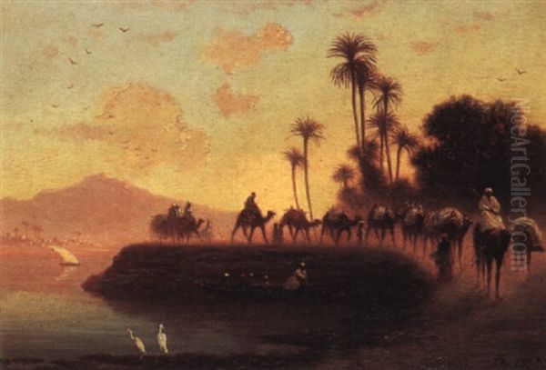 Caravan Train Along The Nile Oil Painting by Charles Theodore (Frere Bey) Frere