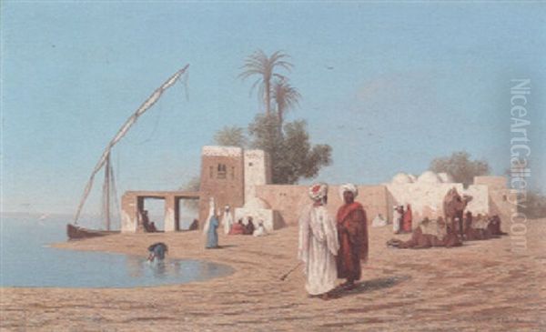 Un Village Aux Bords Du Nil - Haute Egypte Oil Painting by Charles Theodore (Frere Bey) Frere