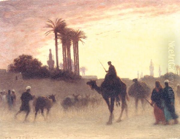 Arabs Herding Cattle Before A Town Oil Painting by Charles Theodore (Frere Bey) Frere