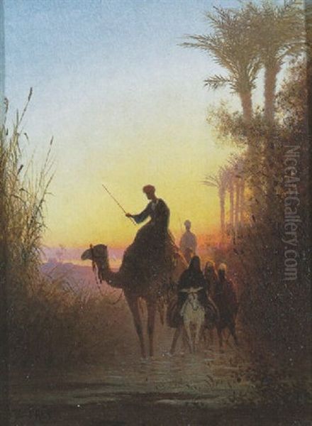 A Caravan Entering An Oasis At Sunset Oil Painting by Charles Theodore (Frere Bey) Frere