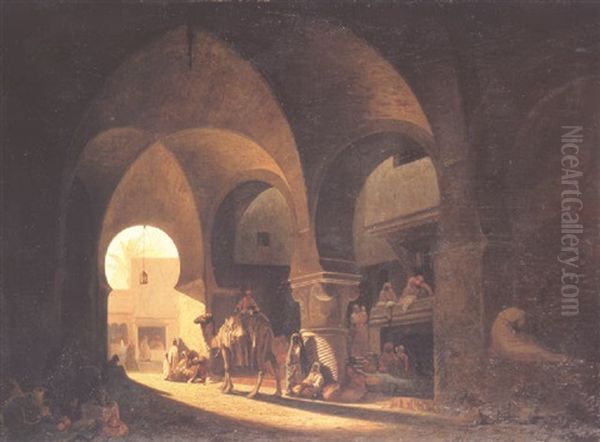 Numerous Figures In A North African Bazaar Oil Painting by Charles Theodore (Frere Bey) Frere