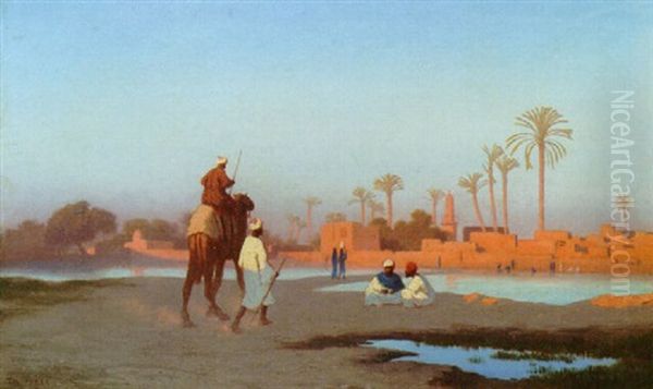 Arabs Outside A Town Oil Painting by Charles Theodore (Frere Bey) Frere