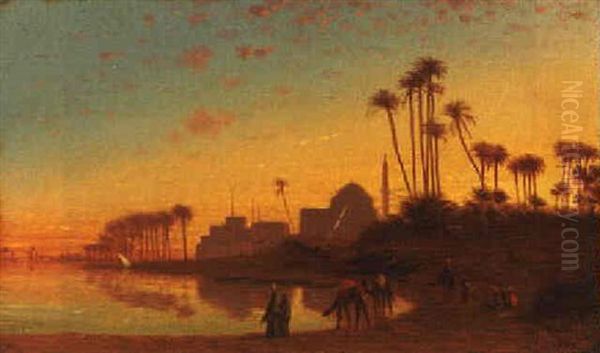 A Caravan Resting In An Oasis At Sunset Oil Painting by Charles Theodore (Frere Bey) Frere