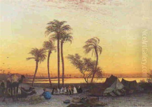 Campement Au Coucher De Soleil Oil Painting by Charles Theodore (Frere Bey) Frere