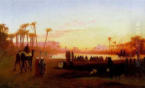 Figures In The Banks Of The River Nile At Gizeh, Evening Oil Painting by Charles Theodore (Frere Bey) Frere