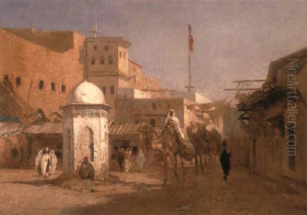 An Arab Street Oil Painting by Charles Theodore (Frere Bey) Frere