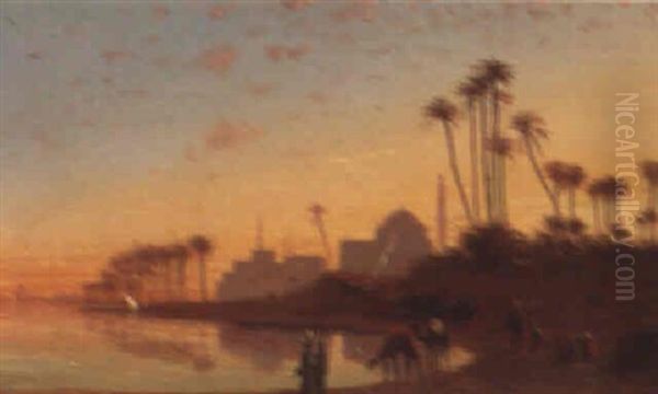 Sunset On The Nile Oil Painting by Charles Theodore (Frere Bey) Frere