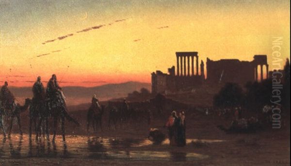 La Grande Caravane Arrivant A Baalbeck Par Le Sud-est Oil Painting by Charles Theodore (Frere Bey) Frere