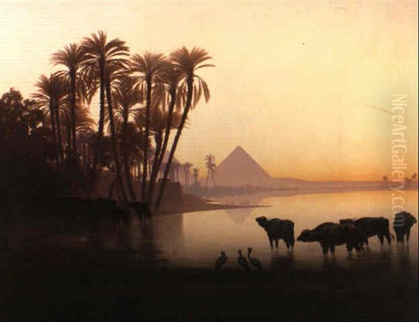 Along The Nile At Gyzeh Oil Painting by Charles Theodore (Frere Bey) Frere