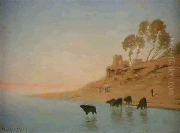 Cattle Watering In The Nile Oil Painting by Charles Theodore (Frere Bey) Frere