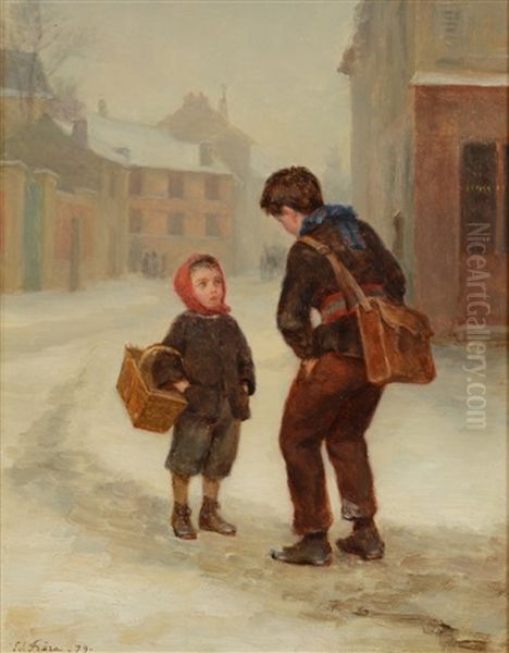 A Winter Meeting Oil Painting by Pierre Edouard Frere