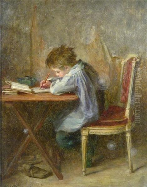 A Young Boy Studying Oil Painting by Pierre Edouard Frere