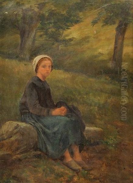 Jeune Fille Assise Sur Un Rocher Oil Painting by Pierre Edouard Frere