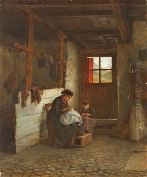 Mutter Mit Kind Beim Nahen Oil Painting by Pierre Edouard Frere