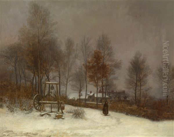 Wintermotiv Aus Den Waldern Von Fontainbleau Oil Painting by Pierre Edouard Frere