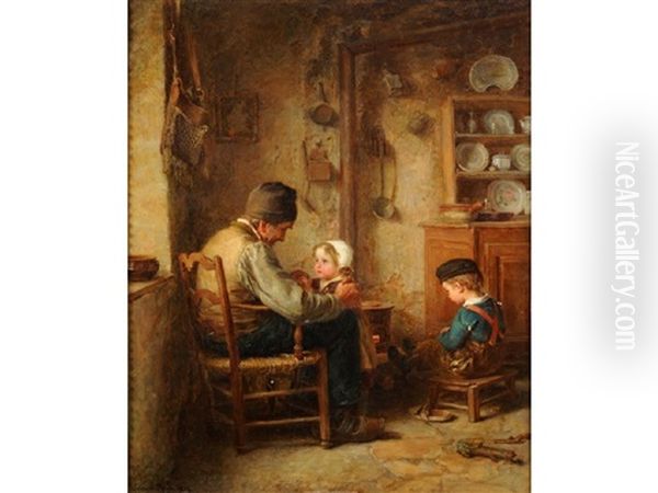 Age And Innocence, Cottage Interior With Children And Their Grandfather Oil Painting by Pierre Edouard Frere