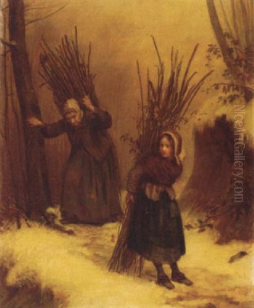 Faggott Gatherers In The Snow Oil Painting by Pierre Edouard Frere