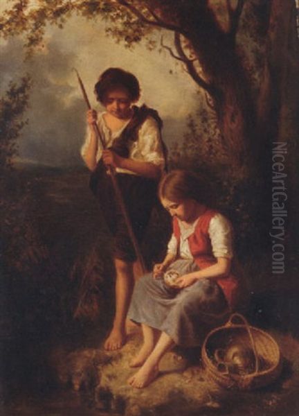 Children By A Pool Oil Painting by Pierre Edouard Frere