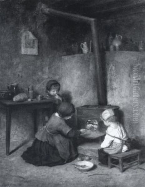 Tending The Fire / A Genre Scene With Children Oil Painting by Pierre Edouard Frere