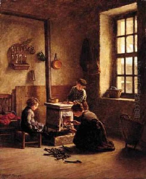 Lighting The Stove Oil Painting by Pierre Edouard Frere