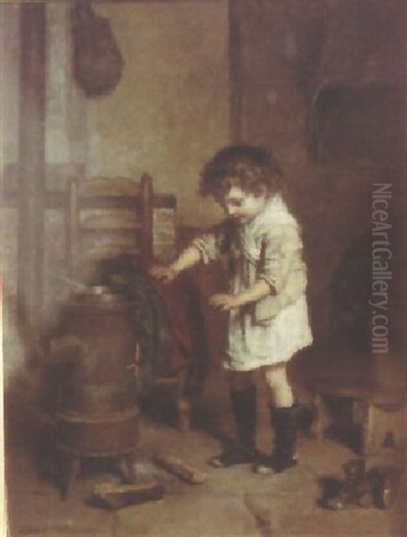 An Interior Scene With Child Warming At Stove Side Oil Painting by Pierre Edouard Frere