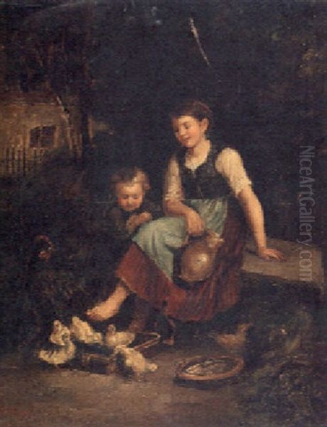 A Mother And Child In A Farmyard With Ducks Oil Painting by Pierre Edouard Frere