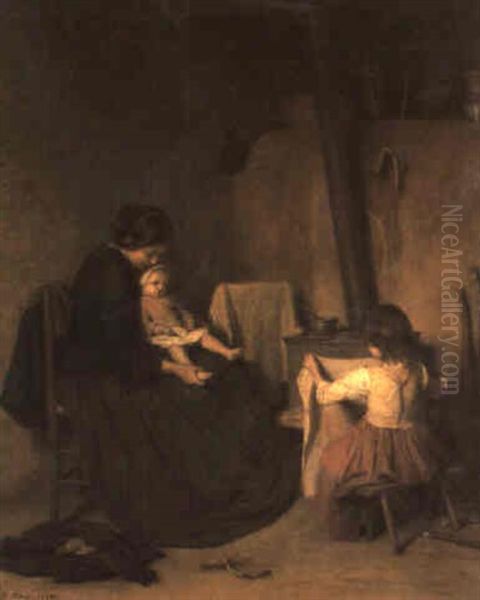 Mother And Her Children In An Interior by Pierre Edouard Frere