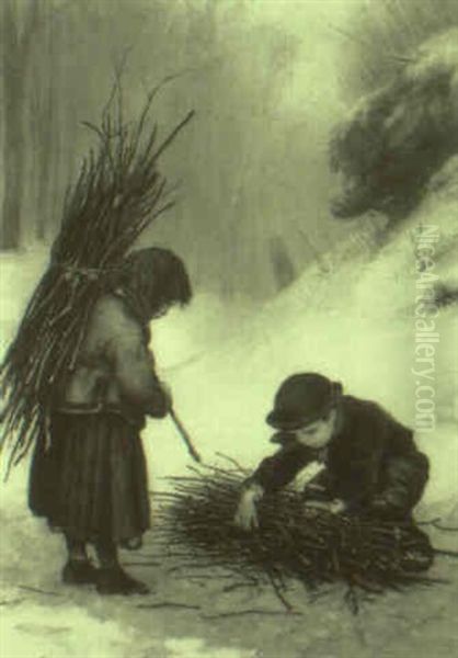 The Young Faggot Gatherers Oil Painting by Pierre Edouard Frere