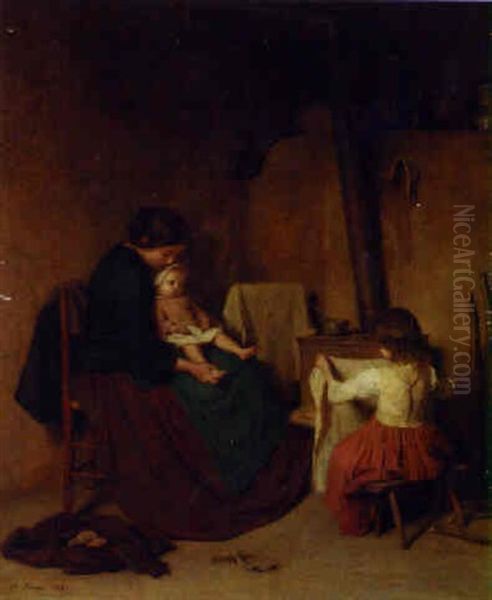 A Mother And Children In A Kitchen Interior Oil Painting by Pierre Edouard Frere