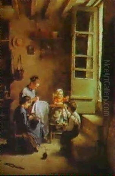 A Family Scene In An Interior Oil Painting by Pierre Edouard Frere