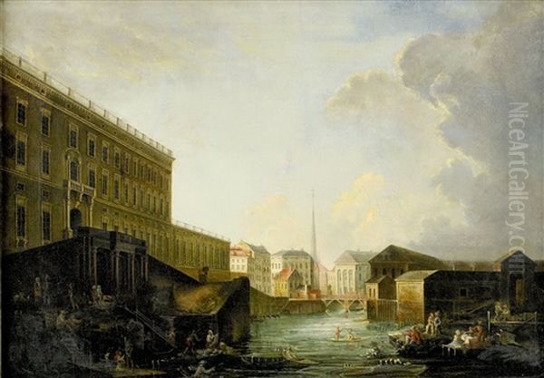 Utsikt Mot Stockholms Slott Och Norrstrom Med Mynttorget I Fonden Oil Painting by Pierre Joseph Frere